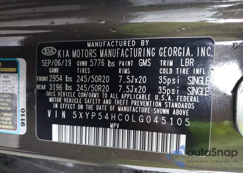 2020 Kia Telluride Sx z USA, uszkodzony, nr VIN 5XYP54HC0LG045105